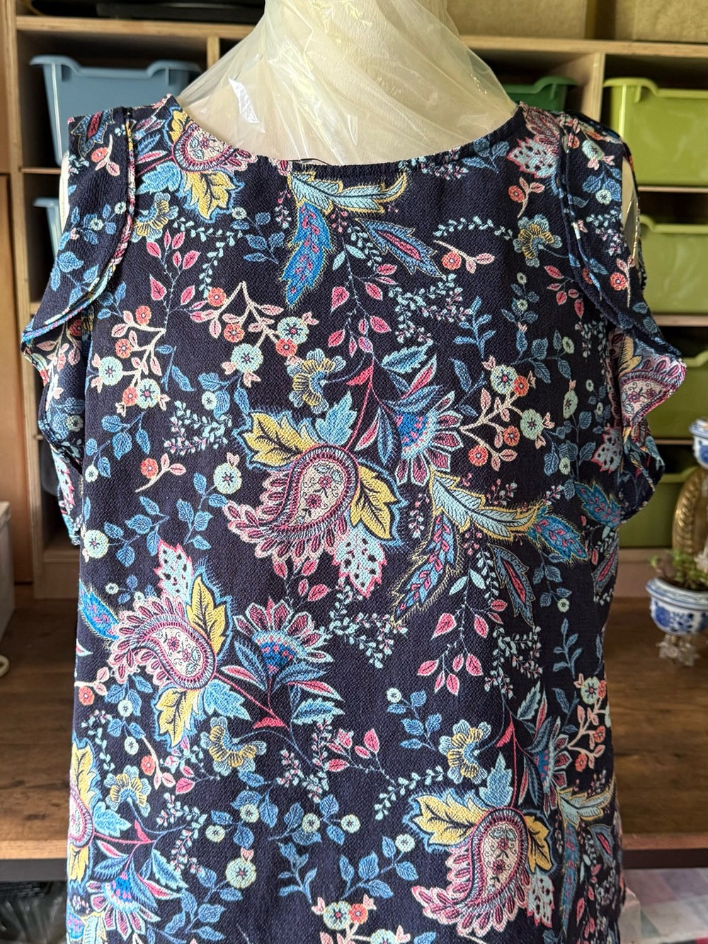 Women's Navy Paisley Cold-Shoulder Blouse